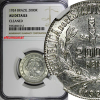 Brazil Silver 1924 2000 Reis NGC AU DETAILS 1st Date Type KM# 526 (012)