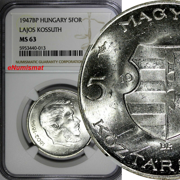 Hungary Lajos Kossuth Silver 1947 BP 5 Forint 1 Year NGC MS63 KM# 534a (13)