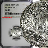 India-British George VI Silver 1940 (B) 1/4 Rupee NGC MS62 KM# 545 (018)