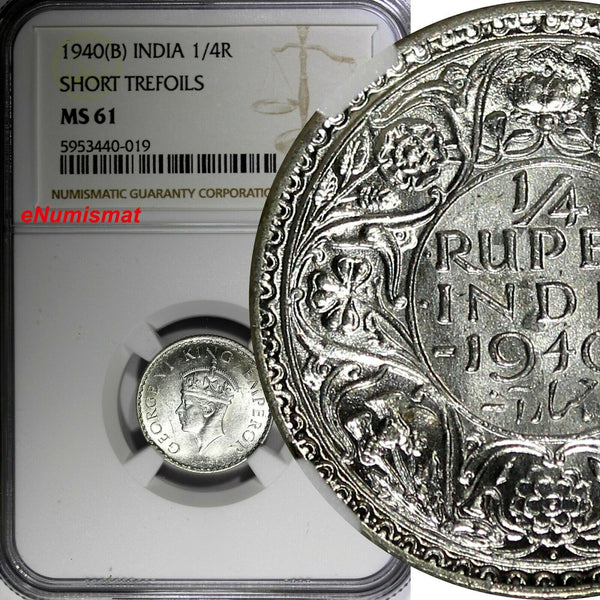 India-British George VI Silver 1940 (B) 1/4 Rupee NGC MS61 KM# 545 (019)