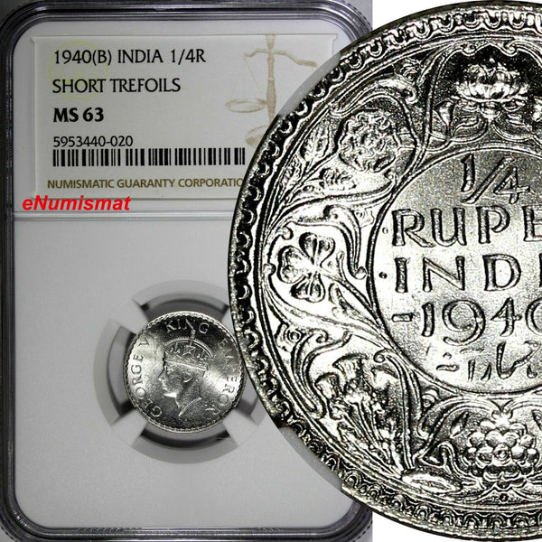 India-British George VI Silver 1940 (B) 1/4 Rupee NGC MS63 KM# 545 (020)