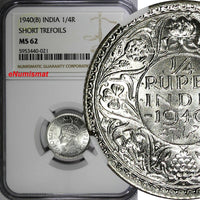 India-British George VI Silver 1940 (B) 1/4 Rupee NGC MS62 KM# 545 (021)