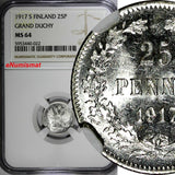 Finland Nicholas II Silver 1917 S 25 Pennia NGC MS64 Grand Duchy KM# 6.2 (022)