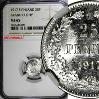 Finland Nicholas II Silver 1917 S 25 Pennia NGC MS65 Grand Duchy KM# 6.2 (023)