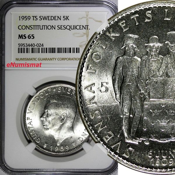 SWEDEN Silver 1959 TS 5 Kronor NGC MS65 Constitution Sesquicentennial KM#830(4)
