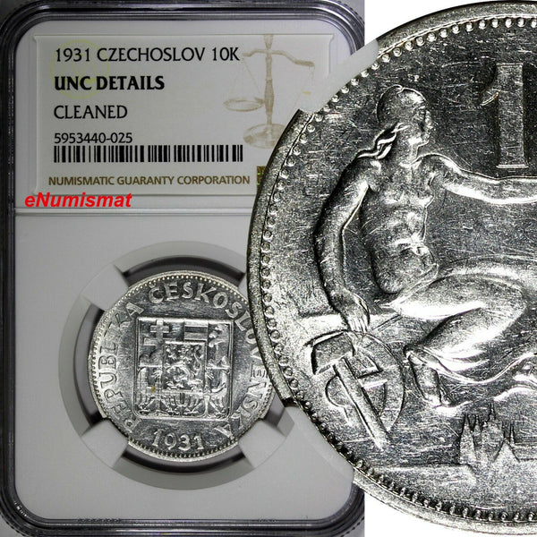 Czechoslovakia Silver 1931 10 Korun 30 mm NGC UNC DETAILS KM# 15 (025)