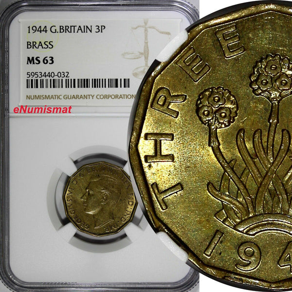 Great Britain George VI Brass 1944 3 Pence NGC MS63 KM# 849 (032)