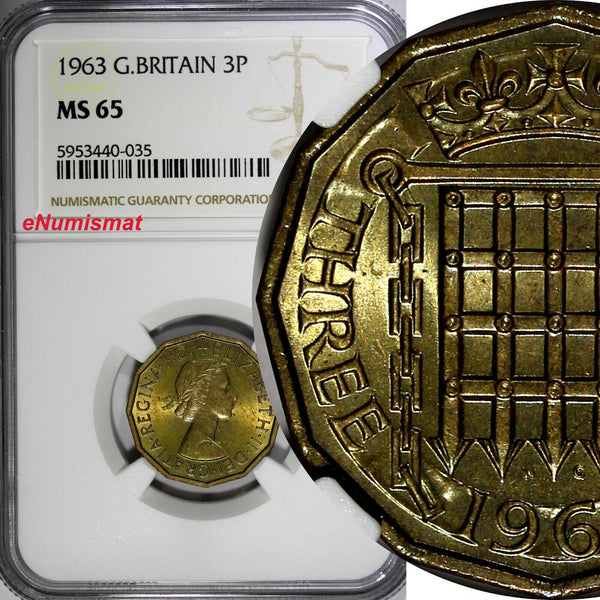 Great Britain Elizabeth II 1963 3 Pence NGC MS65 1 GRADED HIGHEST KM# 900 (035)