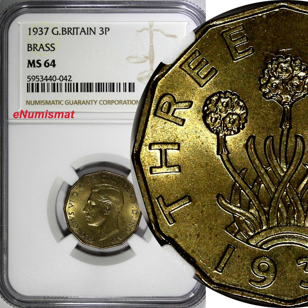 Great Britain George VI Brass 1937 3 Pence NGC MS64 1st Year Type KM# 849 (042)