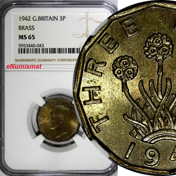 Great Britain George VI 1942 3 Pence WWII Issue NGC MS65 TOP GRADED KM# 849 (43)
