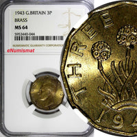 Great Britain George VI Brass 1943 3 Pence WWII Issue NGC MS64 KM# 849 (44)
