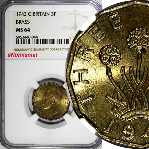 Great Britain George VI Brass 1943 3 Pence WWII Issue NGC MS64 KM# 849 (44)