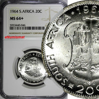 SOUTH AFRICA Silver 1964 20 Cents LAST YEAR TYPE NGC MS64+  KM# 61 (046)