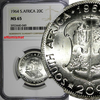 SOUTH AFRICA Silver 1964 20 Cents LAST YEAR TYPE NGC MS65  KM# 61 (049)
