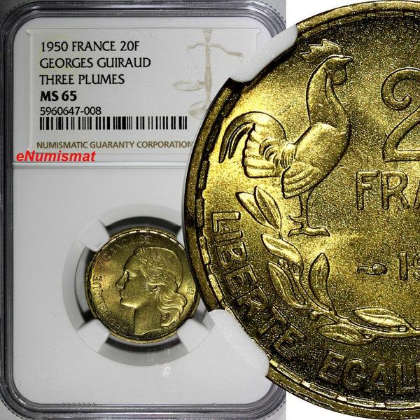 France 1950 20 Francs NGC MS65 GEORGES GUIRAUD 3 plumes HIGH GRADE KM# 916.1 (8)