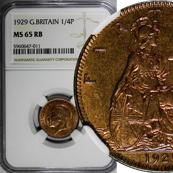 Great Britain George V 1929 Farthing NGC MS65 RB 1 GRADED HIGHEST KM# 825 (11)