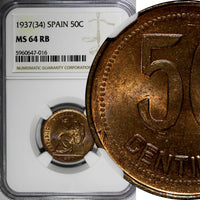SPAIN II Republic Copper 1937 (34) 50 Centimos NGC MS64 RB KM# 754.1 (016)