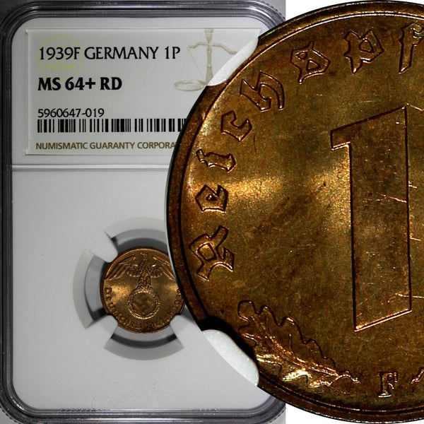 Germany-Third Reich Bronze 1939 F 1 Reichspfennig NGC MS64+ RD RED !!! KM#89 (9)