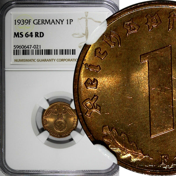 Germany-Third Reich Bronze 1939 F 1 Reichspfennig NGC MS64 RD RED KM# 89  (021)