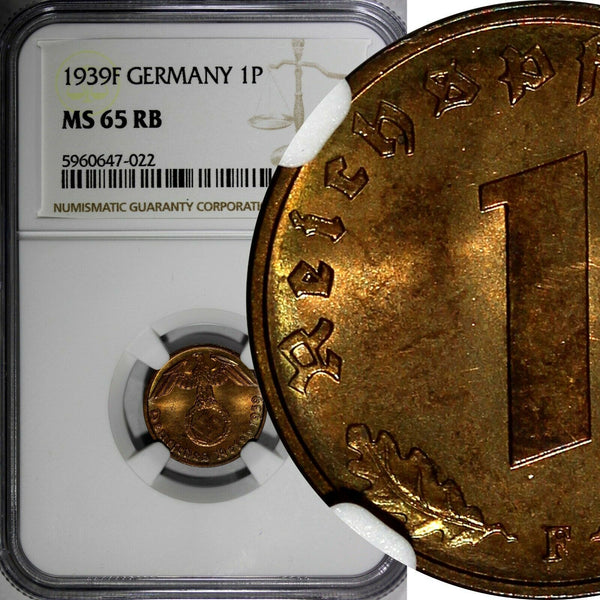 Germany-Third Reich Bronze 1939 F 1 Reichspfennig NGC MS65 RB TOP GRADED KM89(2)