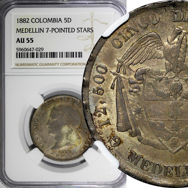 Colombia Silver 1882 5 Decimos NGC AU55 MEDELLIN NICE TONED KM# 161.1 (029)