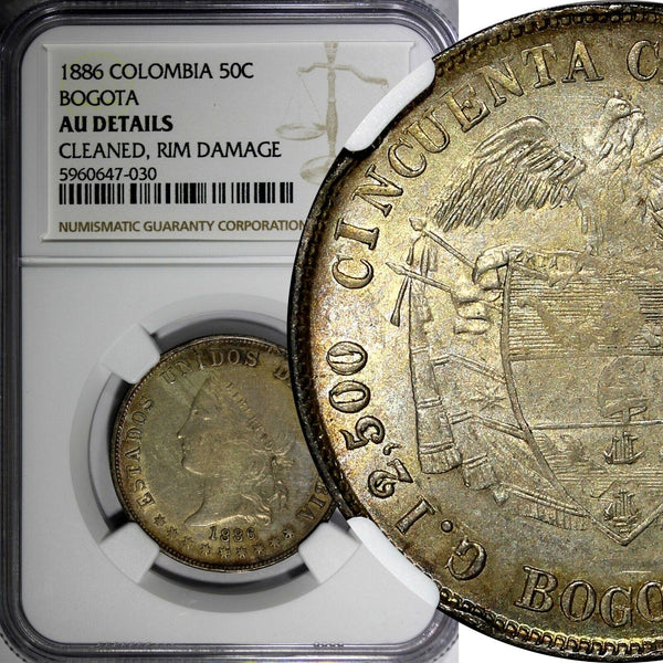 Colombia Silver 1886 50 Centavos Bogota NGC  AU DETAILS Toned KM# 177a.1 (030)