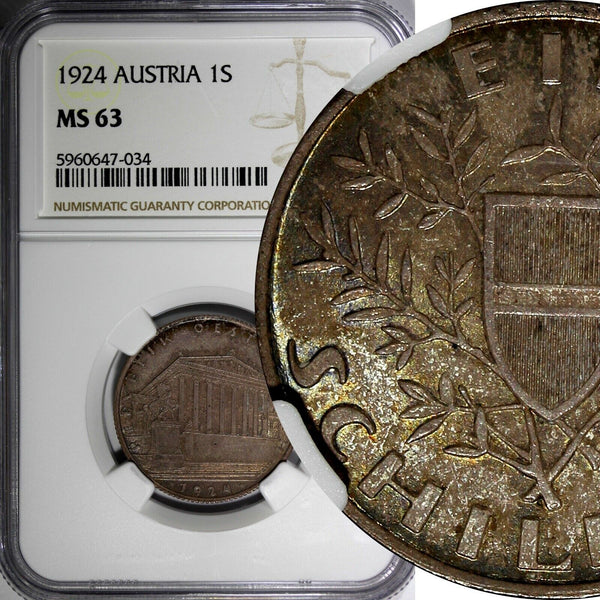 Austria Silver 1924 1 Schilling Parliament NGC MS63 Toned KM# 2835 (034)