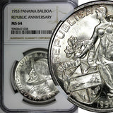PANAMA Silver 1953 1 Balboa NGC MS64 50th Anniversary of the Republic KM# 21 (8)