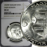 Hungary Lajos Kossuth Silver 1947 BP 5 Forint 1 Year NGC MS62 KM# 534a (039)