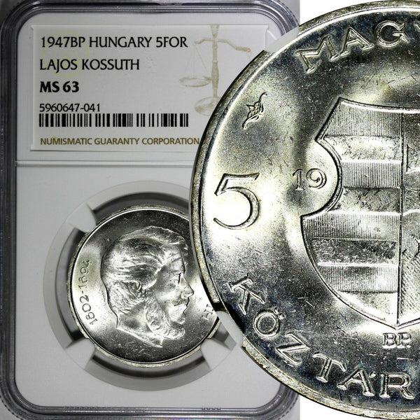 Hungary Lajos Kossuth Silver 1947 BP 5 Forint 1 Year NGC MS63 KM# 534a (041)