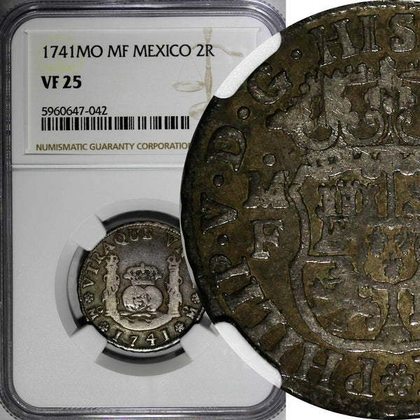 Mexico SPANISH Philip V Silver 1741 Mo MF 2 Reales NGC VF25  KM# 84  (042)