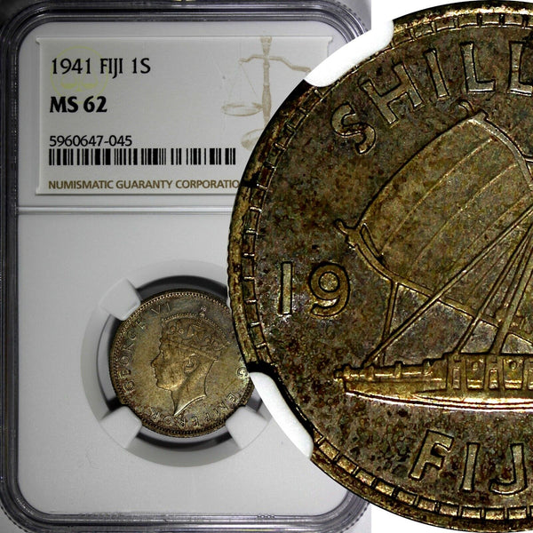Fiji George VI Silver 1941 1 Shilling NGC MS62 Mint-40,000 Nice Toned KM# 12 (5)