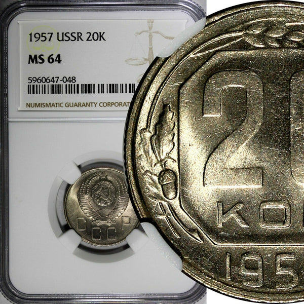 RUSSIA USSR Copper-Nickel 1957 20 Kopeks NGC MS64 1 YEAR TYPE Y# 125 (48)