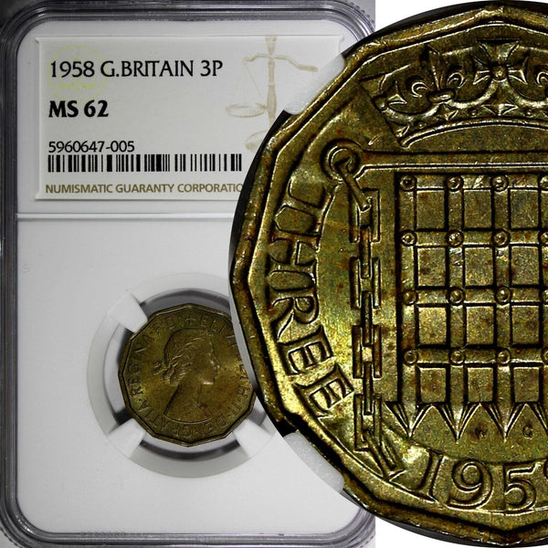 Great Britain Elizabeth II 1958 3 Pence NGC MS 62 KEY DATE KM# 900 (005)