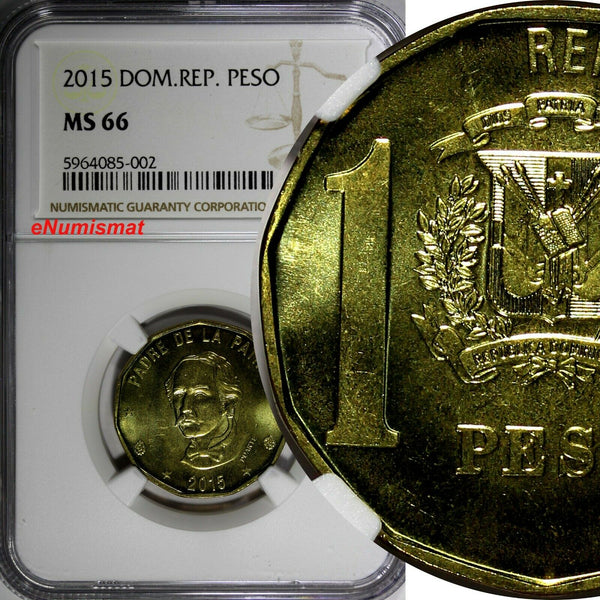 Dominican Republic Juan Pablo Duarte 2015 1 Peso NGC MS66 Magnetic KM# 80 (002)
