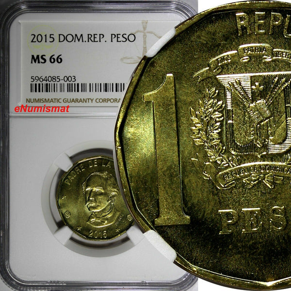 Dominican Republic Juan Pablo Duarte 2015 1 Peso NGC MS66 Magnetic KM# 80 (003)