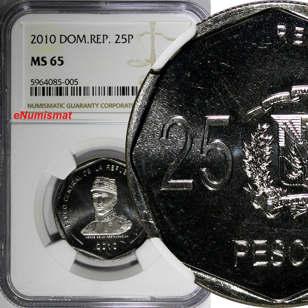 DOMINICAN REPUBLIC 2010 25 Pesos NGC MS65 Gregorio Luperón Spain Mint KM#107 (5)