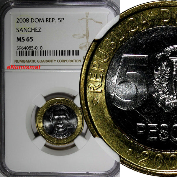 Dominican Republic Sánchez 2008 5 Pesos Magnetic NGC MS65 GEM BU  KM# 89 (010)