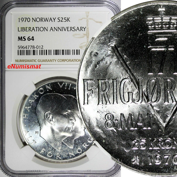 Norway Olav V Silver 1970 25 Kroner NGC MS64 Anniversary of Liberation KM#414(2)