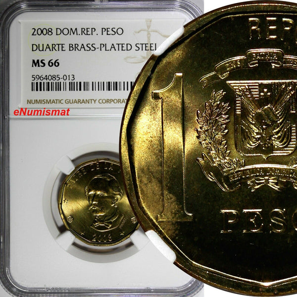 Dominican Republic 2008 1 Peso Magnetic NGC MS66 Juan Pablo Duarte KM# 80.2 (13)