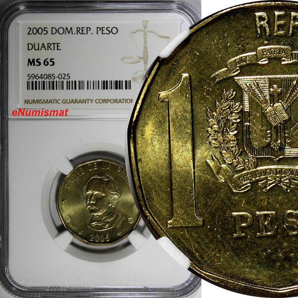 Dominican Republic Juan Pablo Duarte 2005 1 Peso NGC MS65 GEM BU KM# 80 (025)