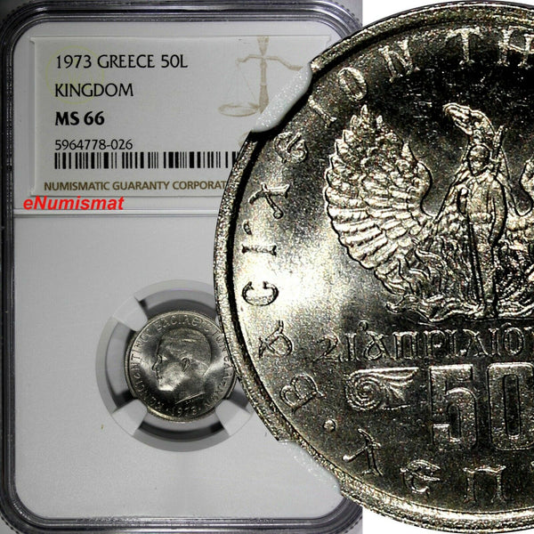 Greece Constantine II Copper-Nickel 1973 50 Lepta NGC MS66 KM# 97.1 (026)