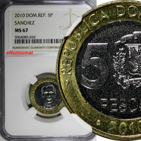 Dominican Rep.Sánchez 2010 5 Pesos Magnetic NGC MS67 Poland TOP GRADED KM#89(4)