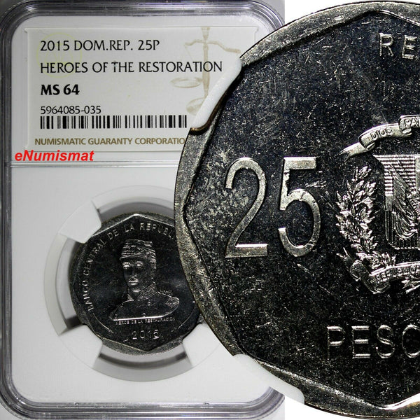 DOMINICAN REPUBLIC 2015 25 Pesos NGC MS64 Gregorio Luperón GEM BU KM# 107 (035)