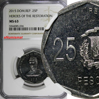 DOMINICAN REPUBLIC 2015 25 Pesos NGC MS63 Gregorio Luperón GEM BU KM# 107 (036)