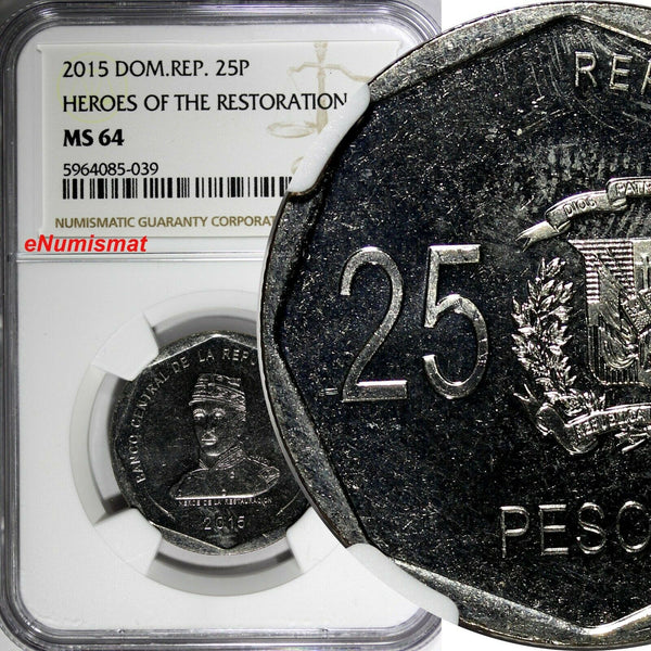 DOMINICAN REPUBLIC 2015 25 Pesos NGC MS64 Gregorio Luperón GEM BU KM# 107 (039)