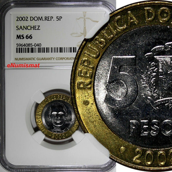 Dominican Republic Sánchez 2002 5 Pesos Magnetic NGC MS66 GEM BU KM# 89 (040)