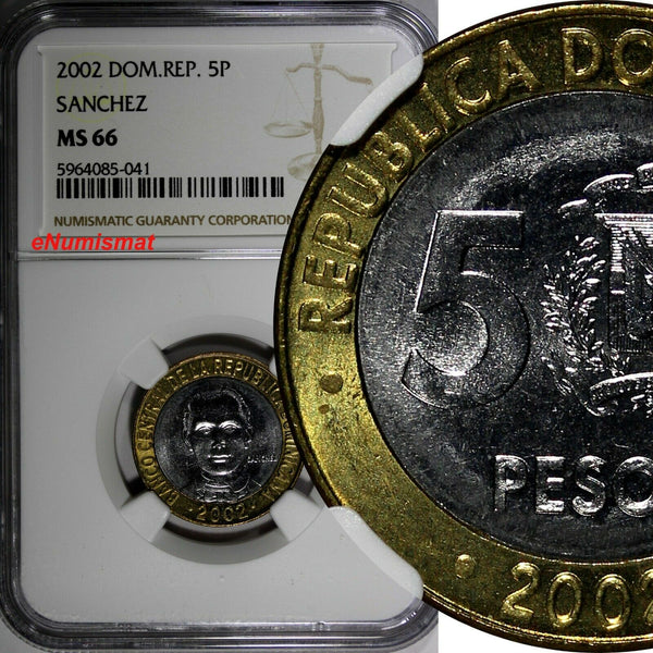 Dominican Republic Sánchez 2002 5 Pesos Magnetic NGC MS66 GEM BU KM# 89 (041)