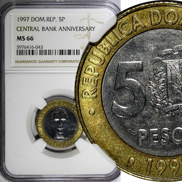 Dominican Republic 1997 5 Pesos Central Bank NGC MS66 GEM BU KM# 88 (43)