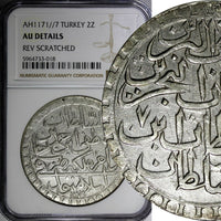 TURKEY Mustafa III Silver AH1171// 7 (1764) 2 Zolota NGC AU DETAILS KM# 324.1(8)